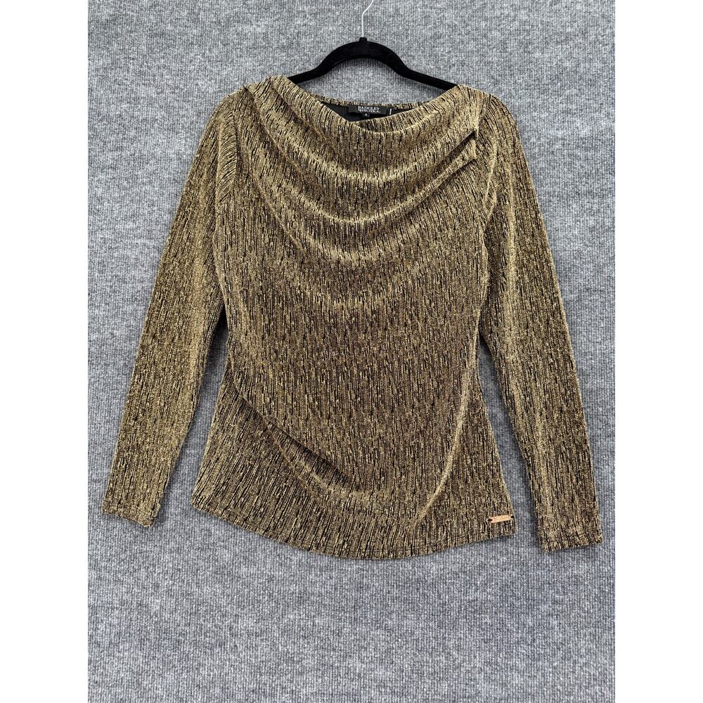 Badgley Mischka Womens Gold Metallic Drape Front Cowl Neck Top Size S Cocktail